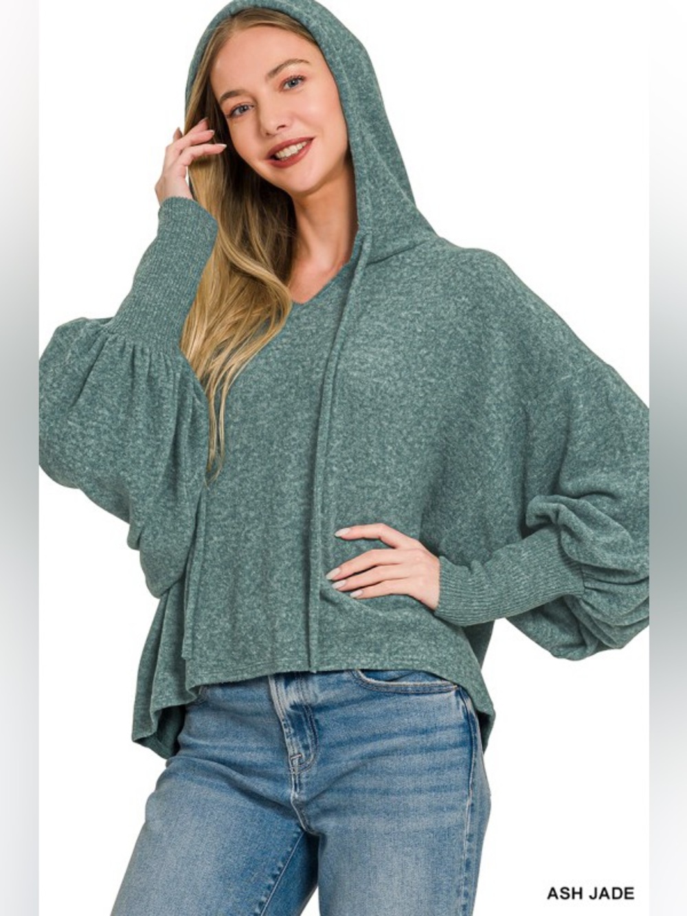 Zenana Ash Jade Soft Brushed Cropped Balloon-Sleeve Hoodie
